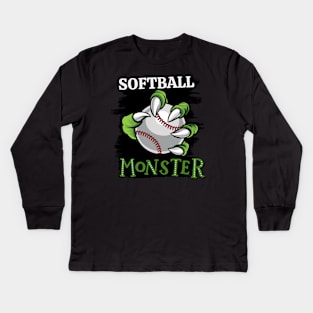 Softball monster sport Gift for Softball player love Softball funny present for kids and adults Kids Long Sleeve T-Shirt